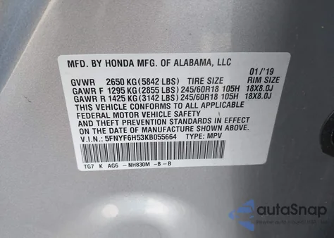 2019 Honda Pilot Exl из США, поврежденный, VIN 5FNYF6H53KB055664